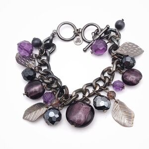 Just Jewelry Gunmetal Charm Bracelet Purple Glass Beads Leaves Toggle 6.5-7"